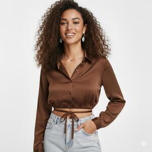 Princess Polly - Pretty Darling Chocolate Brown Satin Tie Front Blouse - 4